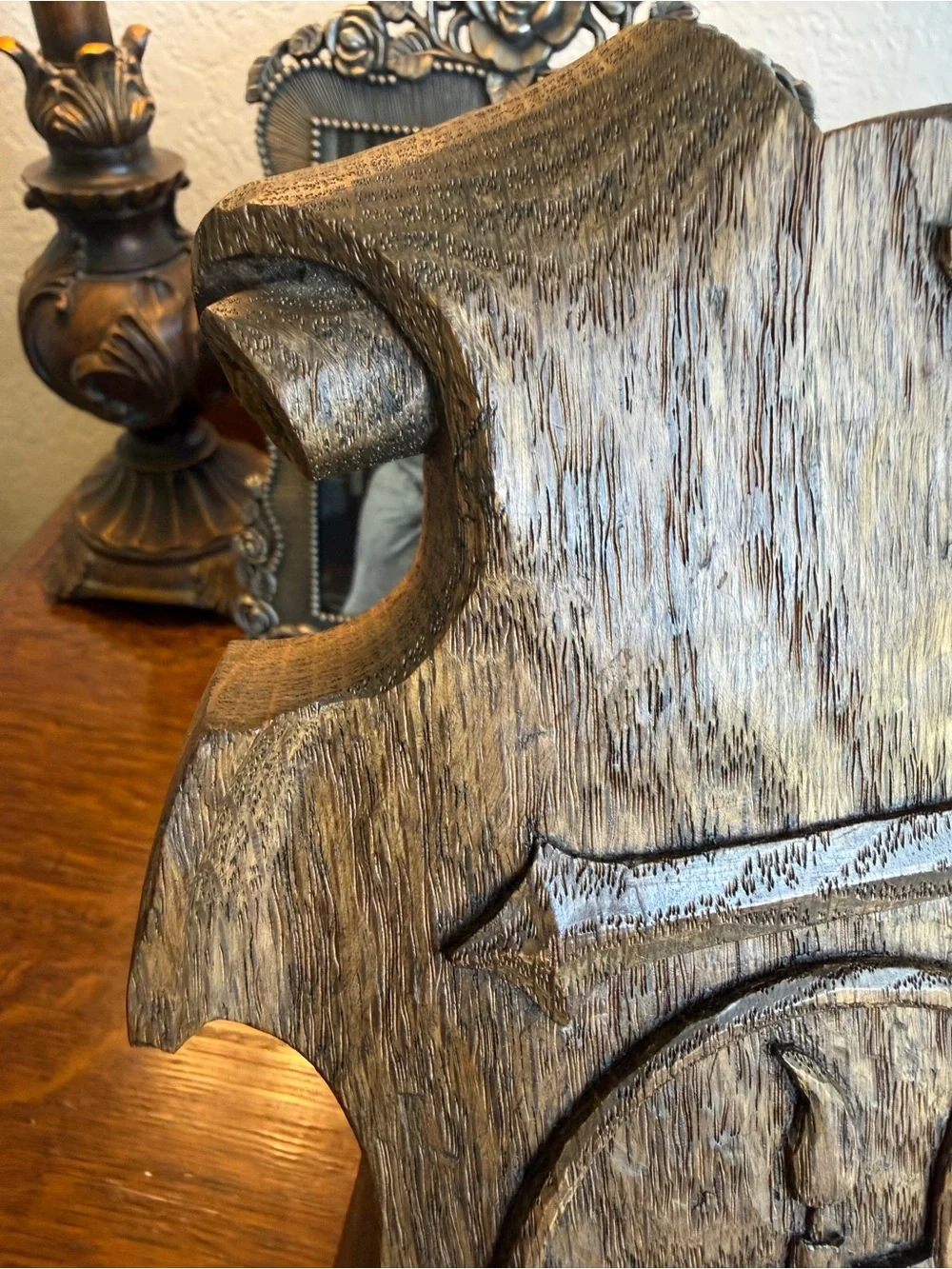OOAK Vintage Hand-Carved Wood Shield Wall Plaque Wedding Symbols Chi Rho